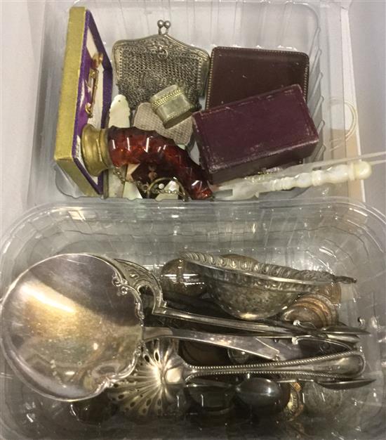 Ruby glass scent bottle, Australian Florins, silver spoons and box